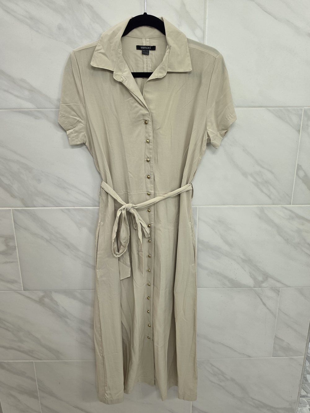 Soprano Cream Button-Down Midi Shirt Dress with Self Tie And Pockets